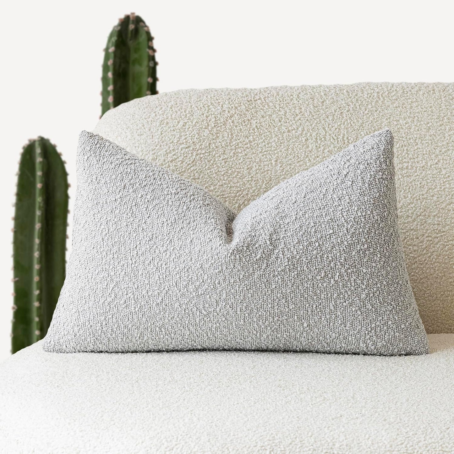 Foindtower Textured Boucle Throw Pillow Covers Accent Solid Lumbar Pillow Cases Cozy Soft Decorative Couch Cushion Case for Chair Sofa Bedroom Living Room Home Decor, 12 x 20 Inch,Light Grey