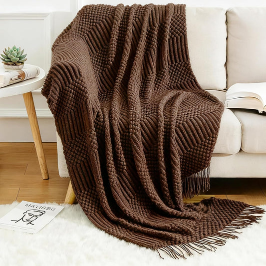 Blagic Knitted Throw Blanket for Couch and Bed, Soft & Cozy Knit Blanket with Tassel, Brown Lightweight Decorative Blankets & Throws, Farmhouse Warm Woven Blanket for All Seasons,50" W x 60" L