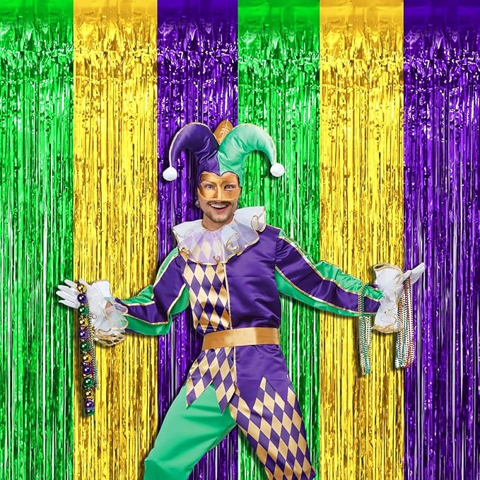 4 Pack Mardi Gras Foil Fringe Curtain Backdrop, 3.28Ft x 9.8Ft Gold Green Purple Metallic Tinsel Foil Fringe Streamers Curtains for Photo Booth, Wedding, Birthday, Carnival Party Decoration