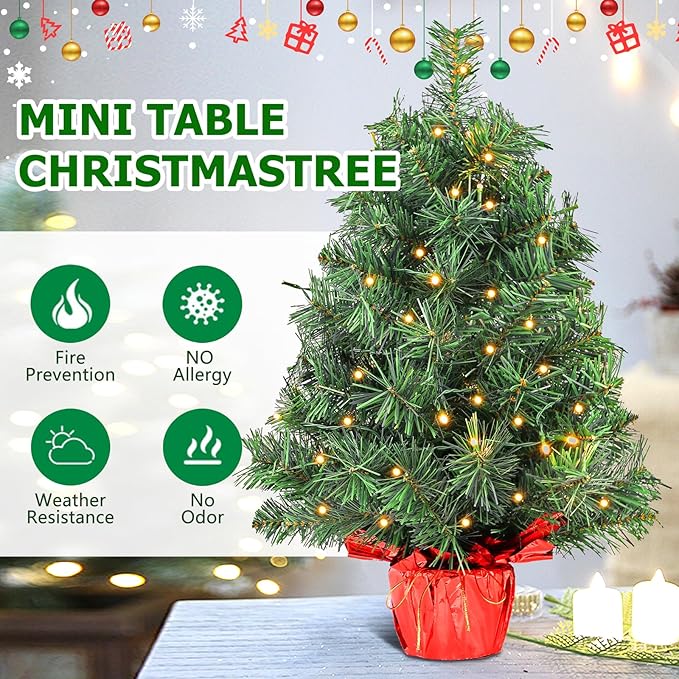 2ft Pre-lit Artificial Mini Christmas Tree,Small Xmas Pine Tree with 50 Lights, Tabletop Christmas Tree Battery Operated Green Xmas Tree for Tabletop