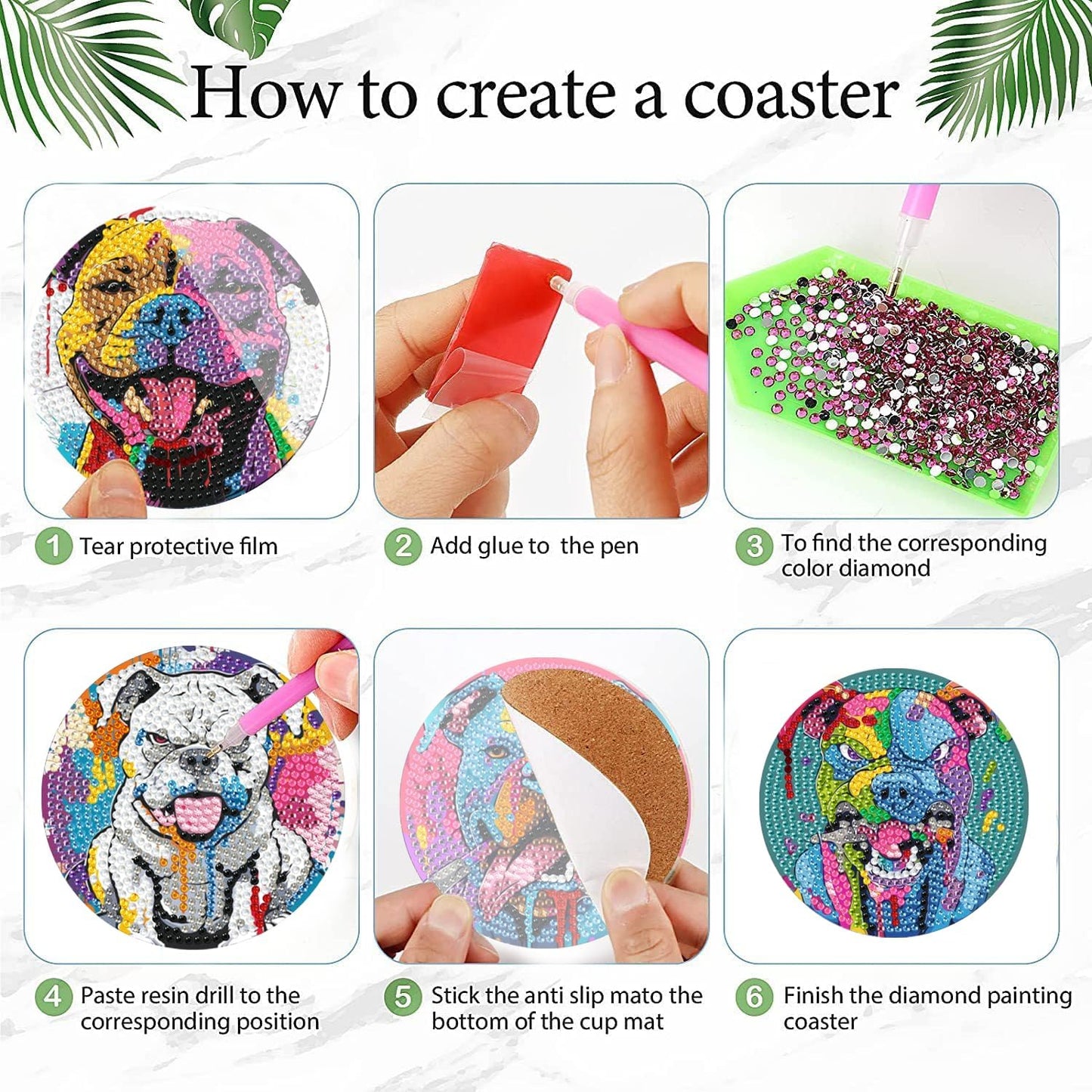 Leatrice 8PCS Dog Diamond Art Coasters Small Diamond Painting Kits for Adults Beginners Women, Gem Art Coasters with Holder, Funny Arts Supplies for Home Decor