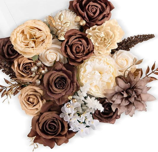 TINGE TIME Silk Fake Flowers Combo, Fake Foam Roses with Stems for DIY Wedding Bouquets Centerpieces Baby Shower Party Home Decorations(Brown & Nude Color)