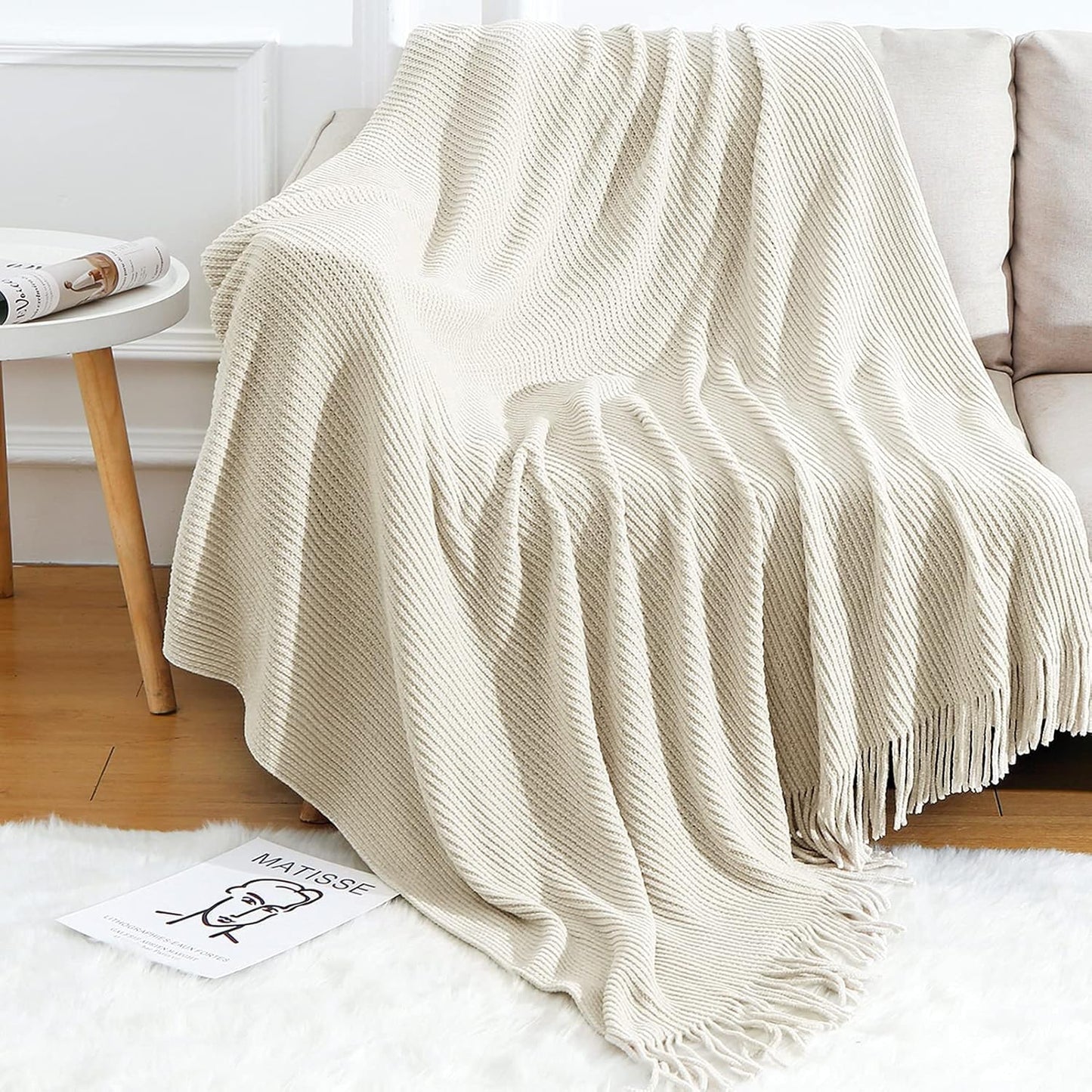 BLAGIC Knitted Throw Blanket for Couch Soft Farmhouse Boho Throw Blanket with Tassels Home Decorative Lightweight Throw Blankets, Throws for Bed/Chair/Sofa, Stripe Textured(Creamy White,50"W x 60"L)