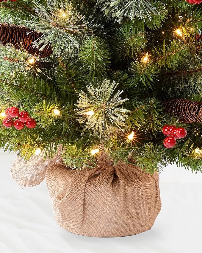 3ft Pre-lit Artificial Christmas Tree with 70 Warm White Lights, Flocked with 12 PineCones,12 Red Berries Green