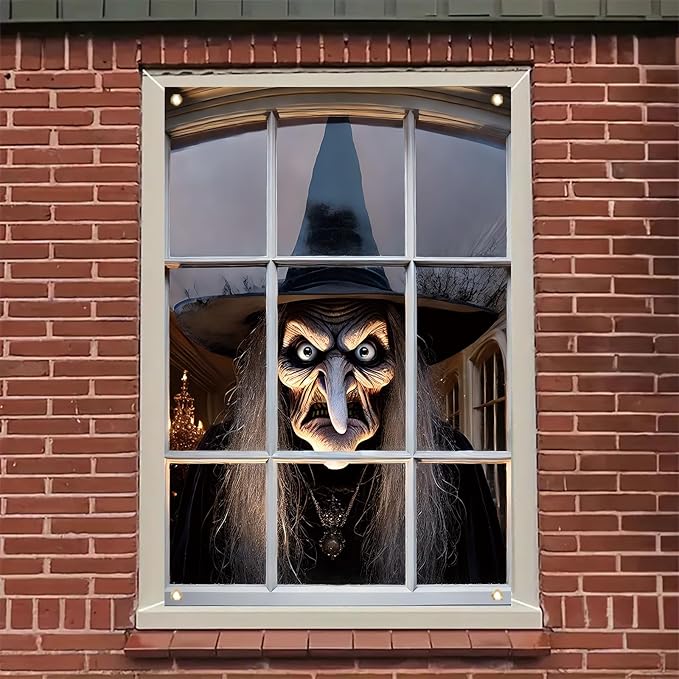 Window Cover Halloween 47x31 Inch Scary Witch Face Banner Creepy Window Decoration for Haunted House Outdoor Indoor Horror Poster Trick or Treat Prop Decor