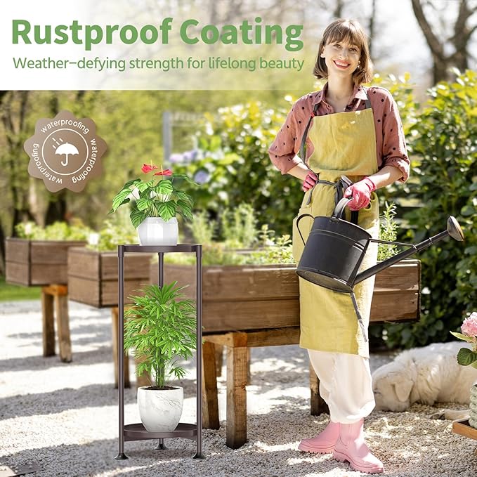 KMOTASUO 2 Tier Plant Stand Indoor for Large Tall Heavy Duty Planter, Multiple Sturdy Metal Flower Corner Rack for Narrow House Floor, Iron Vertical Level Round Orchi Holder Organizer, Bronze