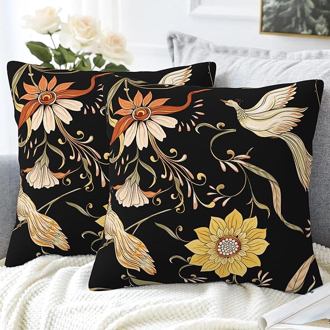 Vintage Flowers and Birds Pillow Covers 18x18 Inch Set of 2 Soft Decorative Throw Pillow Case for Living Room Bedroom Sofa Couch Cushion Covers