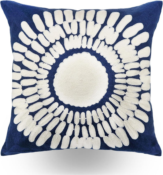 Embroidery Throw Pillow Covers 18x18 Home Decor Floor Pillows Cover 100% Cotton Cushion Cover Throw Pillow Case for Couch Dark Blue Sunflower Embroidered Pillow 45x45cm, Navy Blue, 1 Piece