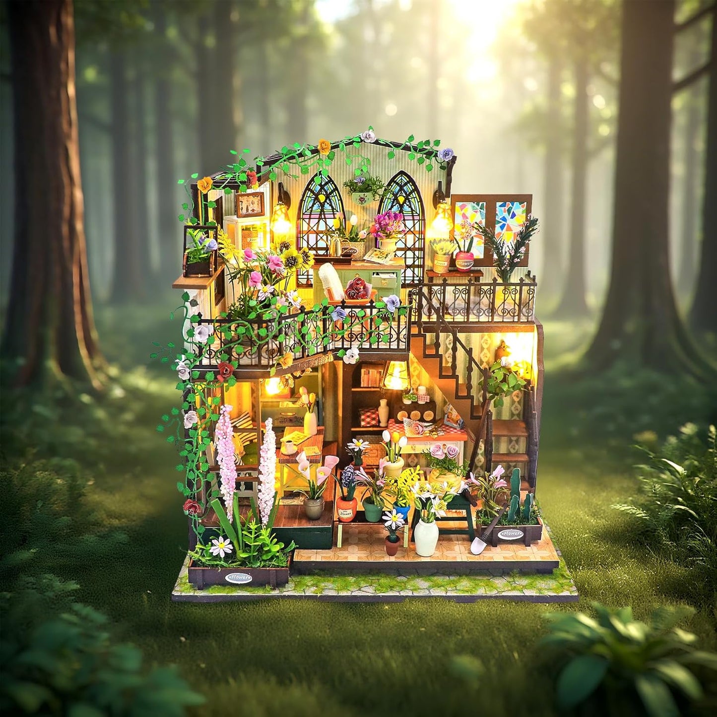 DIY Miniature Dollhouse Kit, Mini House Building Kit for Adults, Tiny House Making Kits with LED Light, Hobby Craft Christmas Decorations Birthday Gifts for Adults (Flower House)