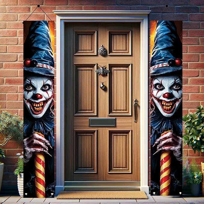 2PCS Halloween Porch Banner Decorations Scary Clown Door Signs 71 x 12 Inch Creepy Outdoor Indoor Halloween Front Door Decor Haunted House Wall Fireplace Hanging Banner Party Supplies