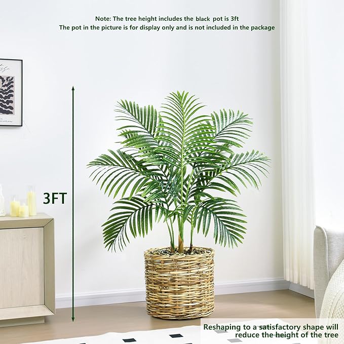 2PCS Artificial Palm Tree 3FT Artificia Plants Indoor Fake Trees Tropical Fake Plam Tree Floor Plant in Black Pot with 9 Trunks & Real Bark Design Faux Palm Plant for Outdoor Home Room Decor