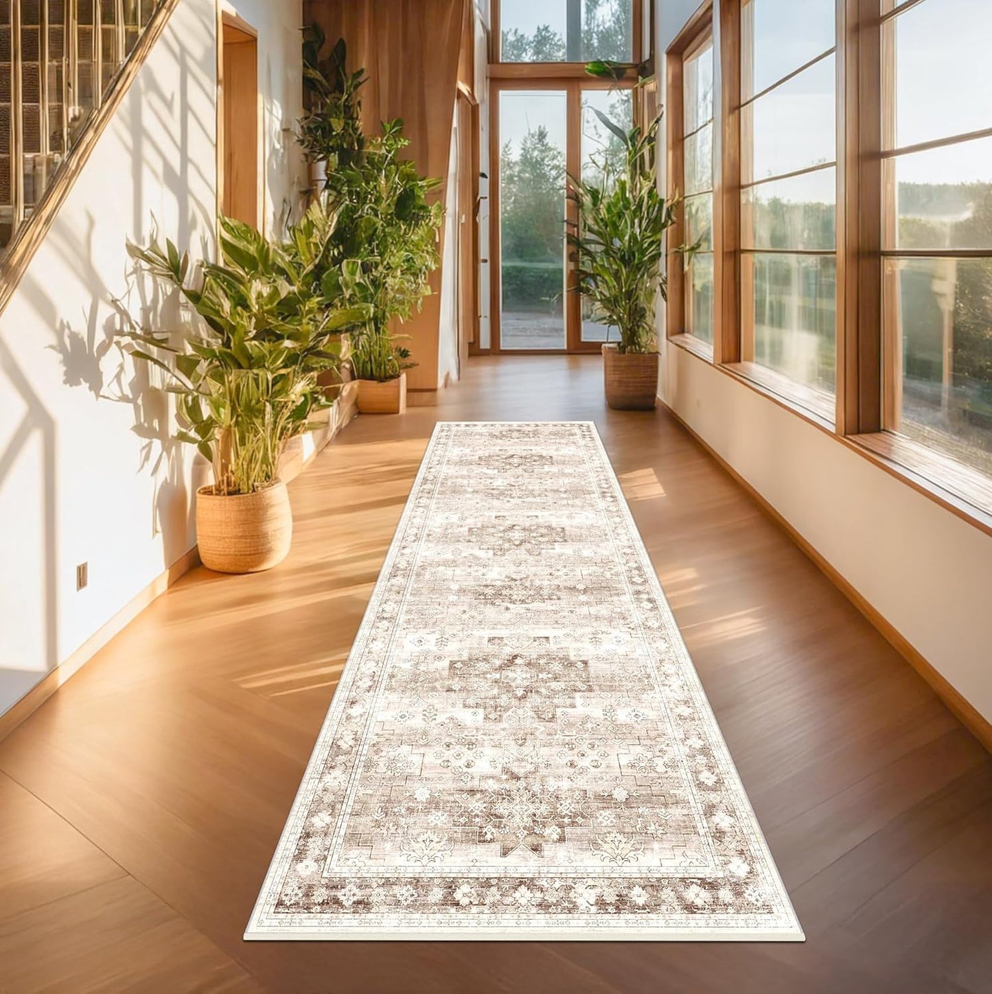 Beige Washable 2'6"x8' Wide Hallway Runners, Kitchen Runner Rug, Non-Slip & Stain Resistant Long Floor Rug, Neutral Boho Floral Decor (2'6"x8' Beige/Latte)