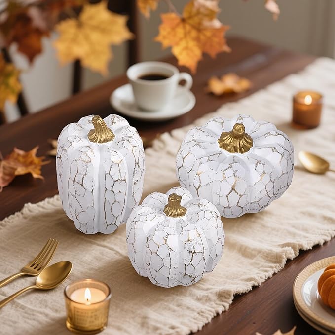 winemana Pumpkins Fall Decorations for Home- Set of 3 Elegant White Pumpkin Resin Thanksgiving Centerpiece for Table, Mantel, Porch & Indoor, Textured Neutral Farmhouse Autumn Harvest Decor (White)