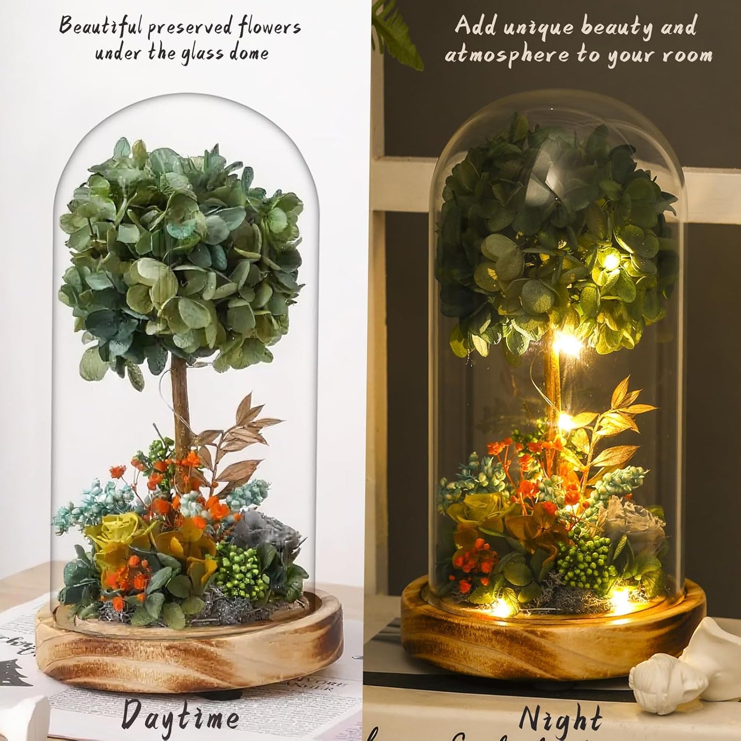 LED Illuminated Glass Dome Floral Arrangement, Decorative Light with White Hydrangea and Rose, Battery Operated(Dark Green)