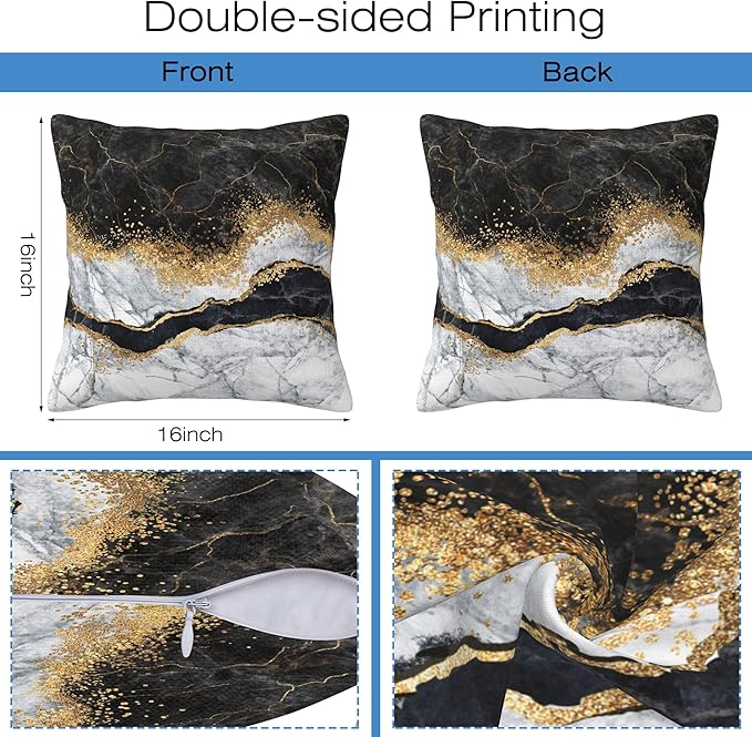 Black and White Marble Throw Pillow Covers Set of 2 Black Gold Marble Pillow Covers 16x16 Inch Modern Farmhouse Home Decorative Pillow Cases Cushion Cover for Sofa Living Room Office
