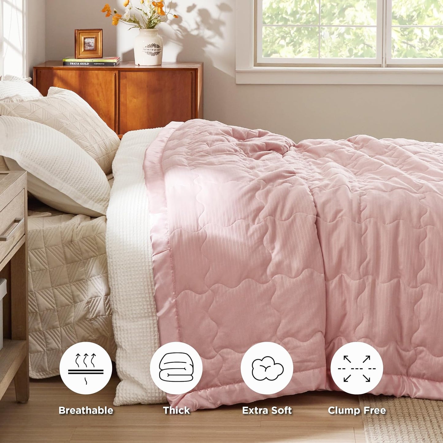 Bedsure Lightweight Blanket for Summer Queen Size - Down Alternative Blanket with Satin Trim for Bed, Light Summer Throw Pink, 90x90 Inches