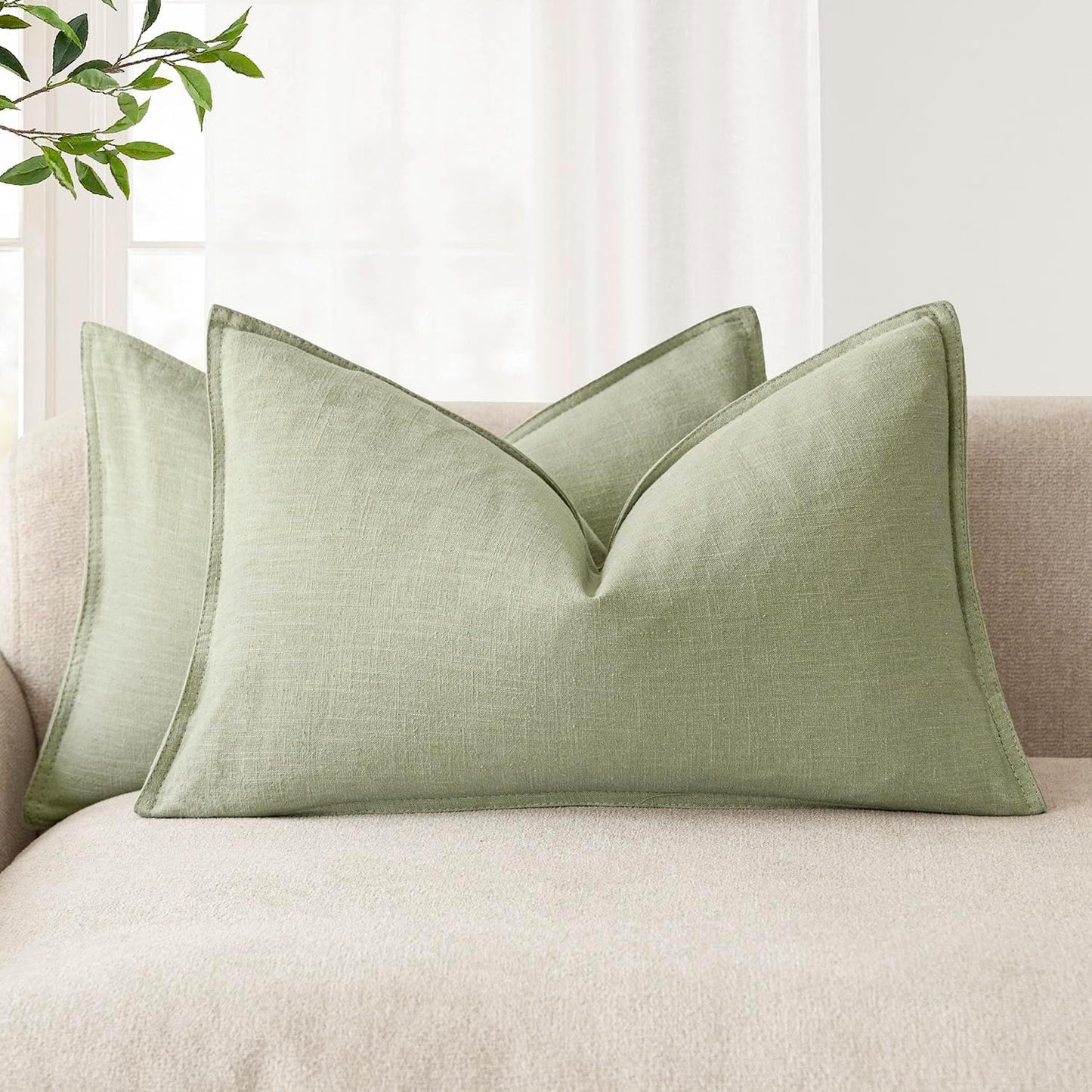 Foindtower Pack of 2, Decorative Linen Solid Throw Pillow Covers Accent Lumbar Cushion Case Boho Farmhouse Pillowcase for Chair Couch Sofa Bedroom Living Room Home Decor 12x20 Inch Light Sage Green