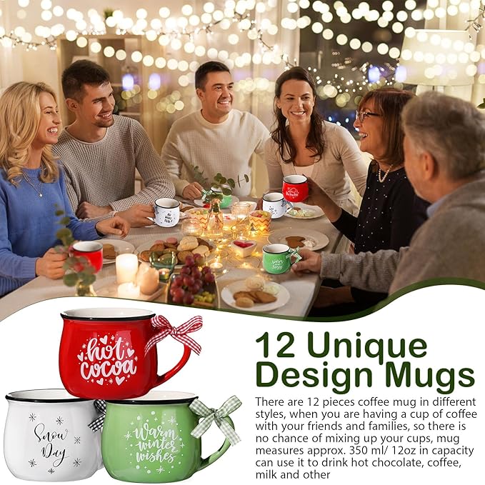 Zubebe Christmas Coffee Mugs Set of 12, 12 oz Hot Cocoa Ceramic Holiday Mugs Set for Mom, Woman, Family, Friend - Farmhouse Tiered Tray Decor, Coffee Bar Decor(Red, Green, White)