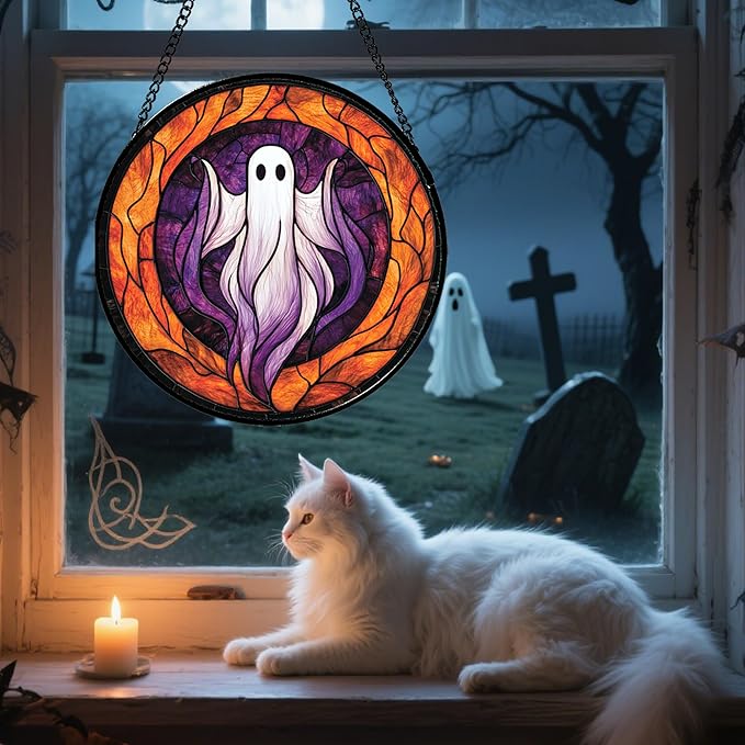 Stained Glass Window Hanging - Halloween Decorations White Purple Ghost Suncatcher for Doors Garden Indoor Spooky Funny Sun Catchers Gothic Decor Horror Gifts for Women Men Friend 6.3 in