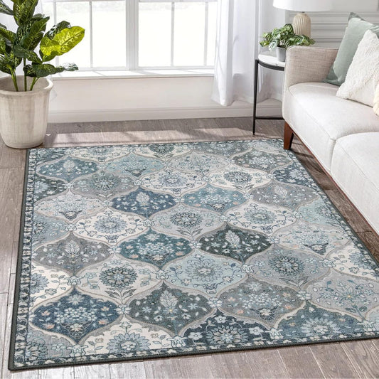 Lahome Moroccan Machine Washable Area Rugs, 4x6 Rug for Living Room Bedroom, Soft Non-Slip Rug Vintage Trellis Ultra-Thin Throw Carpet for Dining Room Office, Blue