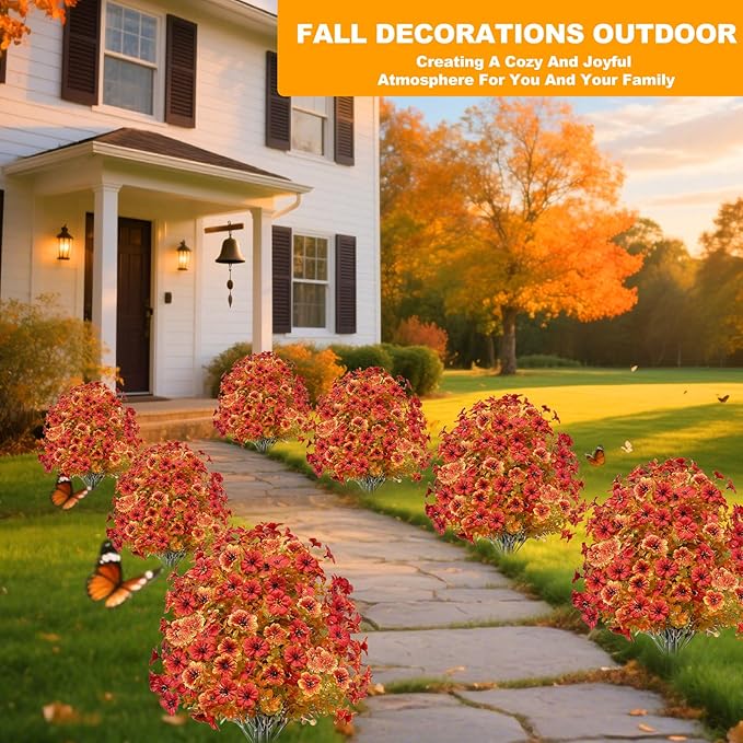 2 Pack Fall Artificial Mums Topiary Ball Tree with Ground Spike Boxwood 25" UV Resistant Fake Greenery Shrub Faux Violet Plant Fall Decorations Flower for Garden Yard Porch Patio Autumn Outdoor Decor