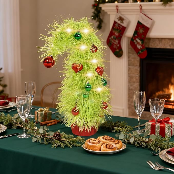 16 inch Pre-Lit Mini Christmas Tree with Ornaments Included, Lime Green Whimsical Artificial Tabletop Tree for Home, Office Desk & Holiday Decor