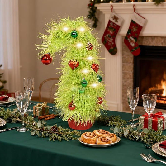 16 inch Pre-Lit Mini Christmas Tree with Ornaments Included, Lime Green Whimsical Artificial Tabletop Tree for Home, Office Desk & Holiday Decor