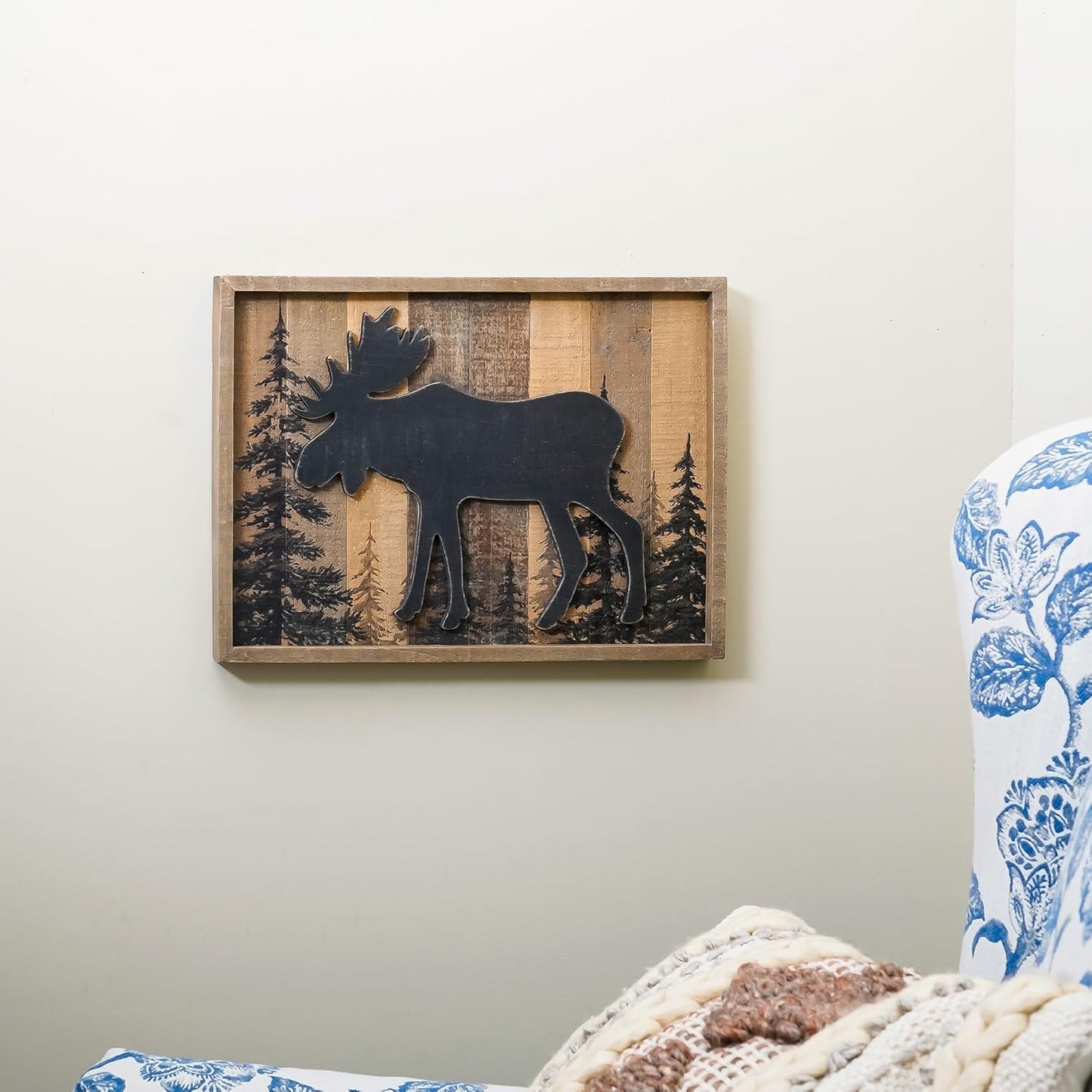 NIKKY HOME Cabin Wall Decor, 3D Moose Solid Wood Forest Mountain Woodland Wildlife Lodge Animal Picture Art Bathroom Decor, 16 x 12 Inches