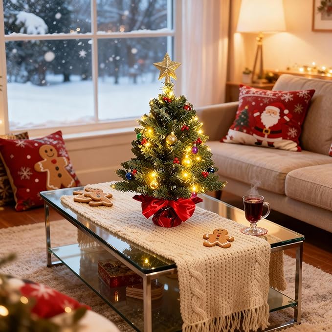 24 Inch Tabletop Christmas Tree, Artificial Mini Xmas Pine Tree with LED String Lights and Ornaments,Christmas Decoration Tree Decor-Red