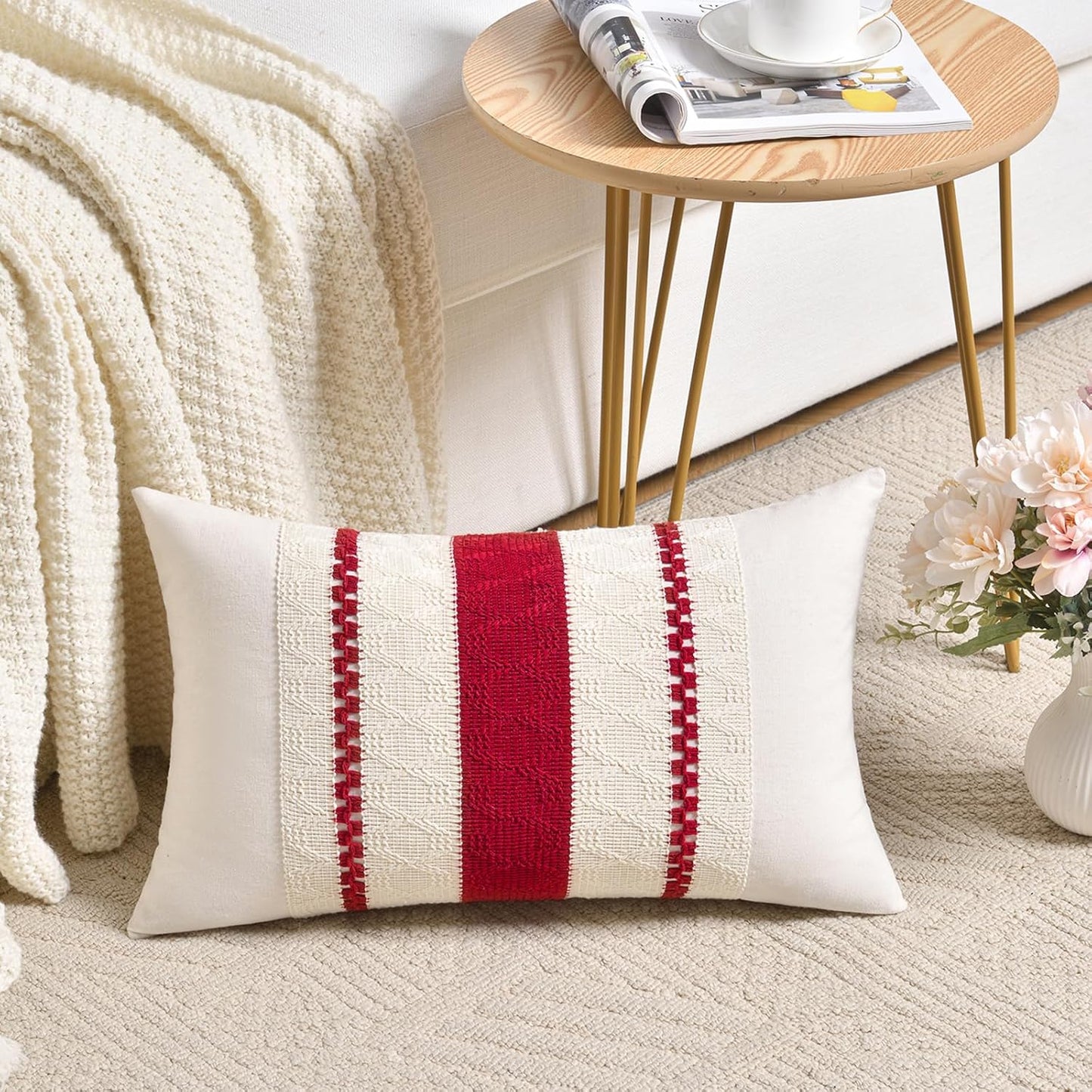 Fancy Homi Set of 1 Boho Red Lumbar Decorative Throw Pillow Cover 12x20 Inch for Couch Bed Sofa Chair, Modern Organic Farmhouse Home Decor, Soft Cotton Cute Accent Rectangle Cushion Case