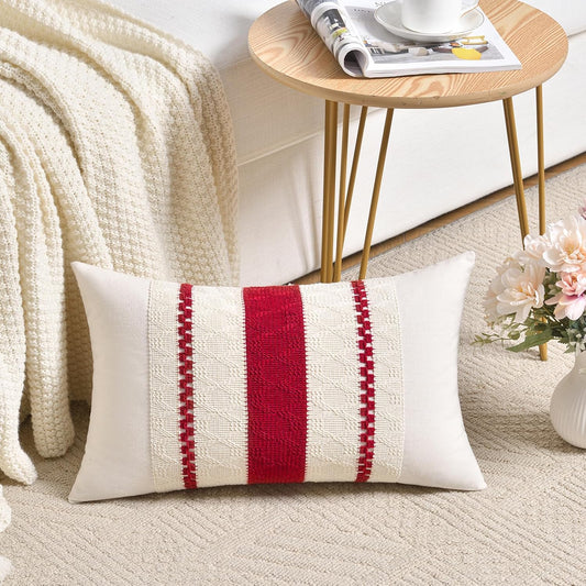 Fancy Homi Set of 1 Boho Red Lumbar Decorative Throw Pillow Cover 12x20 Inch for Couch Bed Sofa Chair, Modern Organic Farmhouse Home Decor, Soft Cotton Cute Accent Rectangle Cushion Case
