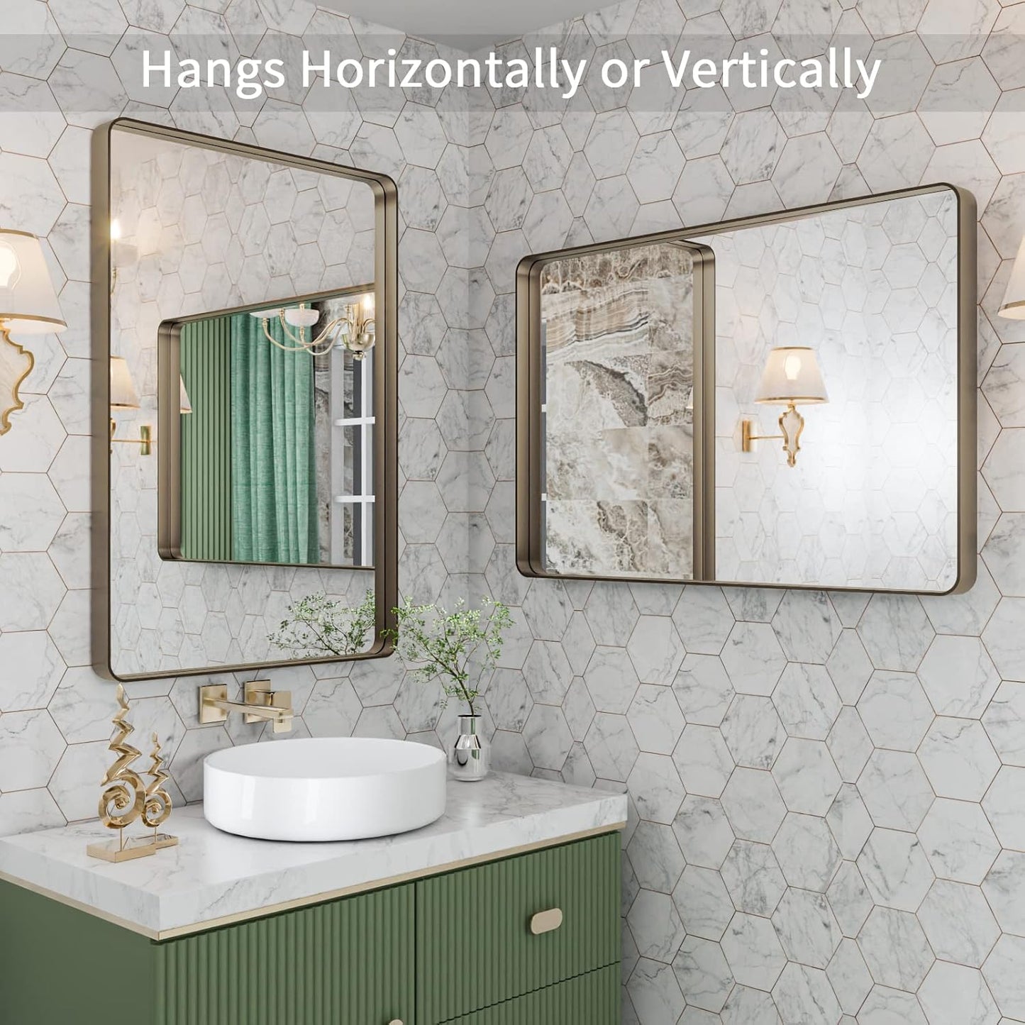 LOAAO 24”X36” Bronze Bathroom Mirrors for Vanity, Rounded Rectangle Brushed Bronze Metal Frame Mirror, Anti-Rust, Hangs Horizontally or Vertically