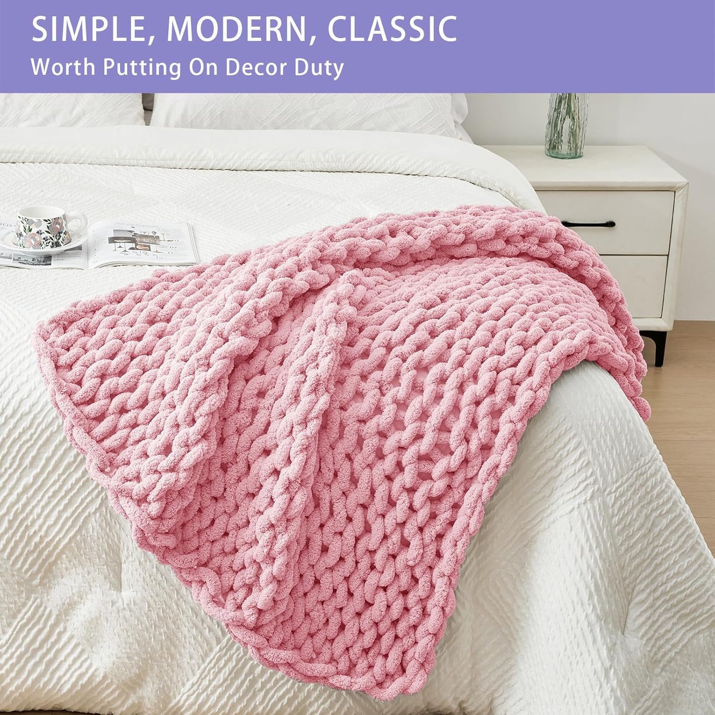 Bigacogo Chunky Knit Throw Blanket for Couch, 40x40 inches, 100% Hand Knitted with Thick Jumbo Chenille Yarn, Cozy Soft Large Rope Knot Cable Crochet Blankets for Sofa Bed Living Room, Blush Pink