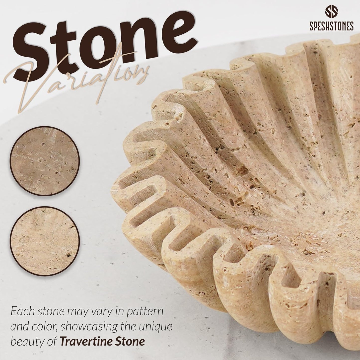 Marble Decorative Bowl 10 Inch Handmade Travertine Fruit Bowl for Kitchen Counter - Large Ruffle & Scalloped Bowls for Dining, Coffee Table Centerpieces & Home Decor