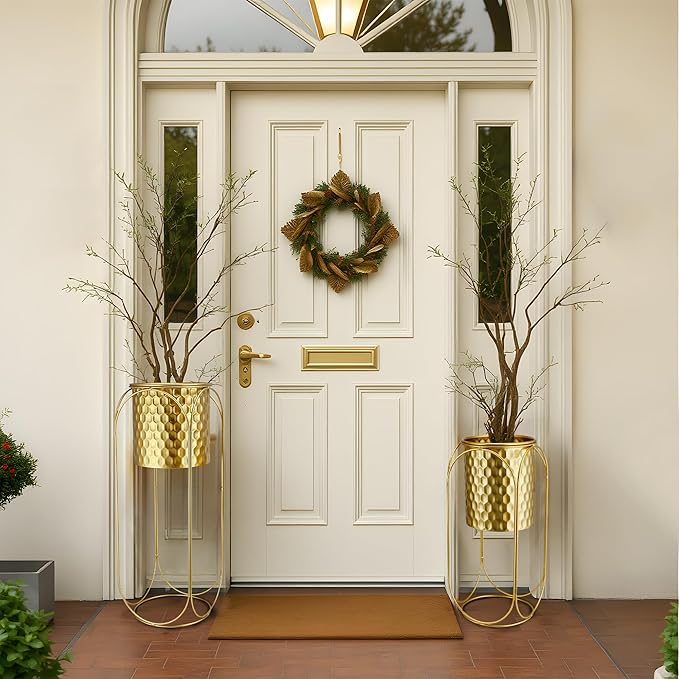 TRIROCKS Set of 2 Planters with Stand Large Gold Planter for Indoor Plants 26 &18" H Morden Plant Pot for Living Room Corner Kitchen Office Garden Balcony Patio Decor(Gold)