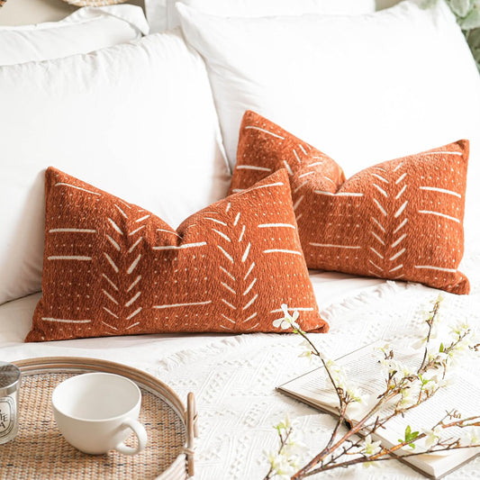 BlissBlush Fall Brick Red Decorative Lumbar Throw Pillow Covers 12X20, Set of 2, Rust Boho Farmhouse Cushion Cover, Soft Accent Pillowcase for Couch Sofa Bed Living Room Home Décor