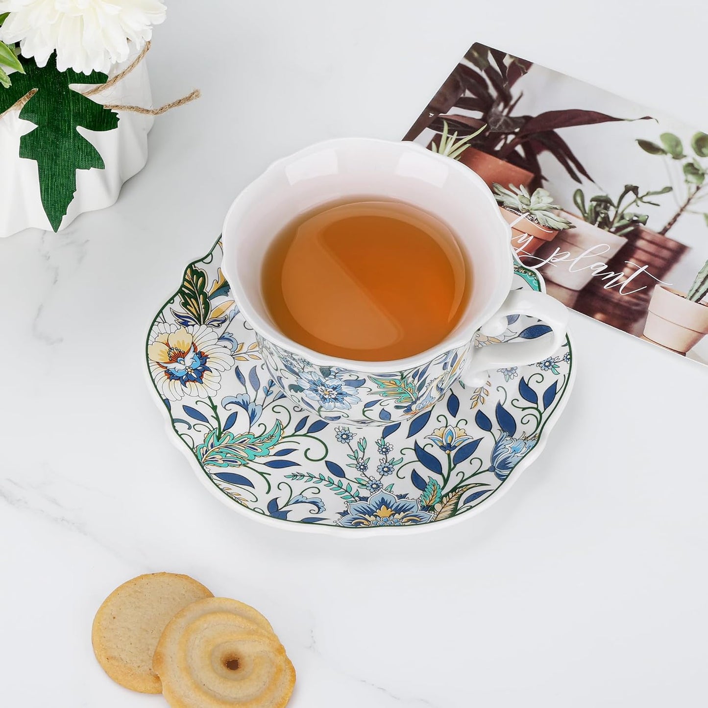 fanquare Vibrant Floral Porcelain Cup and Saucer Set, 8 oz Elegant Vintage Style Coffee Cup for Women and Tea Parties, Dishwasher Safe