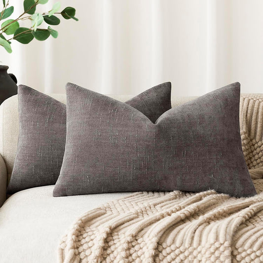 Foindtower Pack of 2 Soft Textured Chenille Throw Decorative Pillow Covers Lumbar Accent Solid Cushion Cover Cozy Farmhouse Pillow Case with Zippe for Couch Sofa Bed Living Room 12x24 Inch, Charcoal