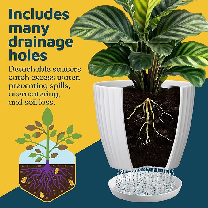 White 6-Inch Plant Pots with Drainage & Saucers 12 Pack, Indoor & Outdoor Planters for Houseplants, Herbs, and Flowers, Durable & Weatherproof Material, Stackable, Lightweight, Minimalist Design