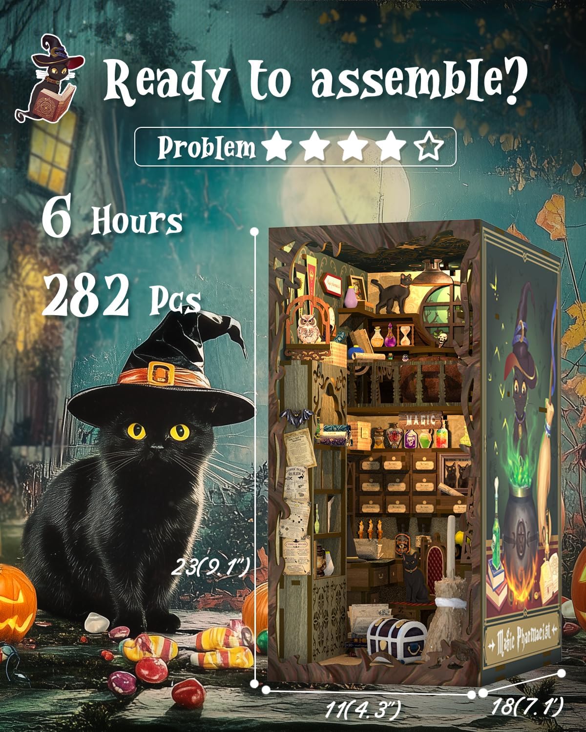 Cutefun Book Nook Kit, DIY Miniature Dollhouse Booknook for Adults, 3D Wooden Puzzle Bookend Bookshelf Insert Decor with LED Light, Gift for Craft Lovers (Magic Pharmacist)