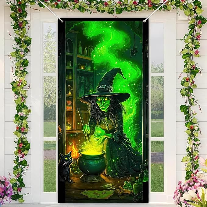 Halloween Door Cover 71x35 Inch Green Witch Black Cat Potion Room Hanging Banner Spooky Halloween Door Banner for Indoor Front Porch Wall Haunted House Party Decor