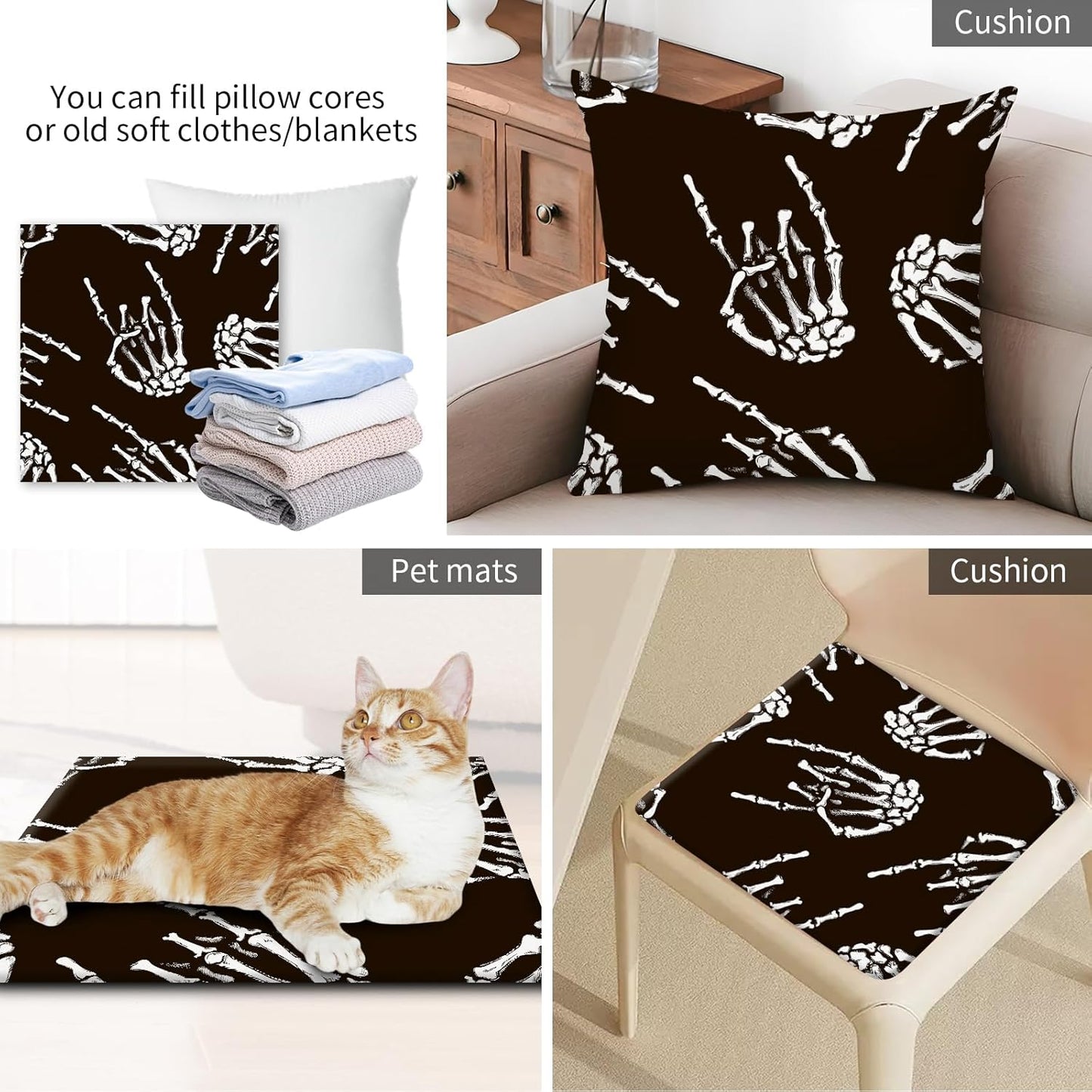 Decorative Throw Pillow Covers 18x18 Inch, Cute Home Decor for Living Room Outdoor Funny Pillowcase Polyester Cushion Case Black Skeleton Hands