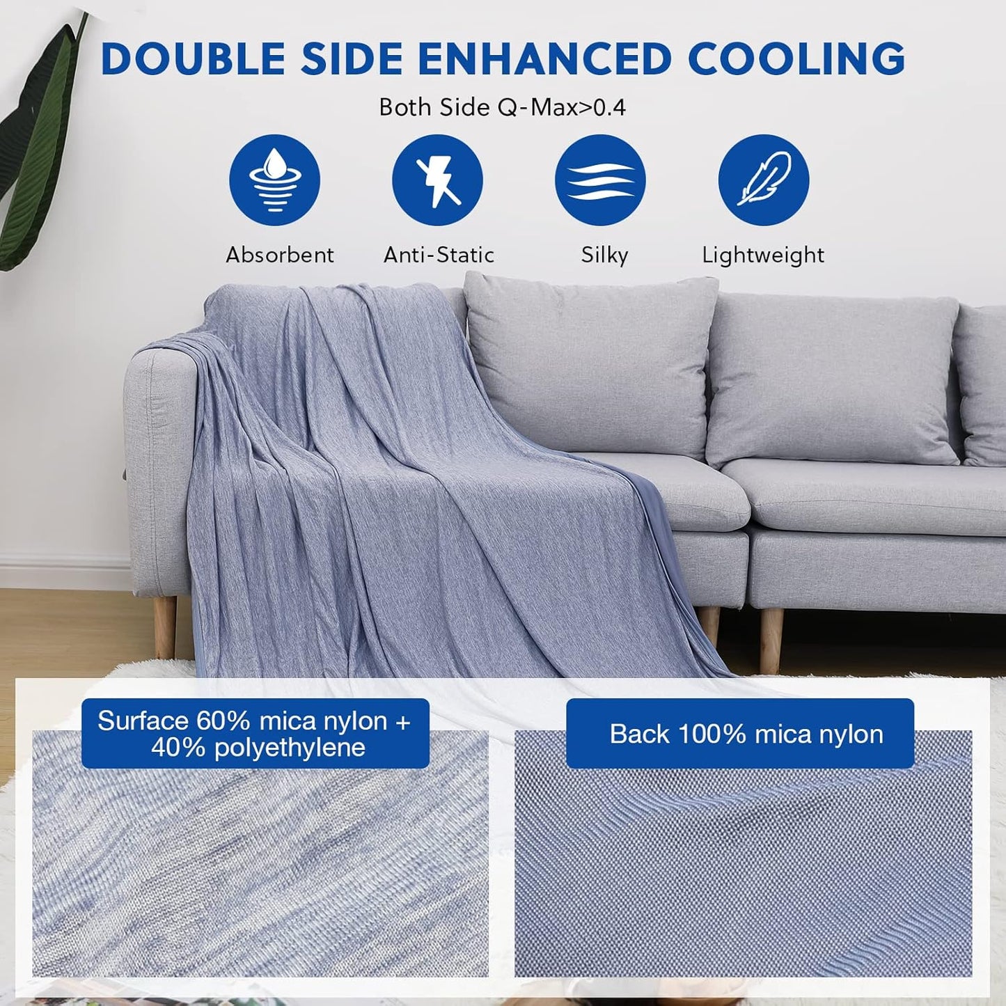 HOMFINE Cooling Blankets for Hot Sleepers - Summer Blanket Thin Lightweight Breathable Soft Double Side Enhanced Cooling for Bed Couch Sofa, Keep Cool for Night Sweats (Blue, 50 x 70 inches)