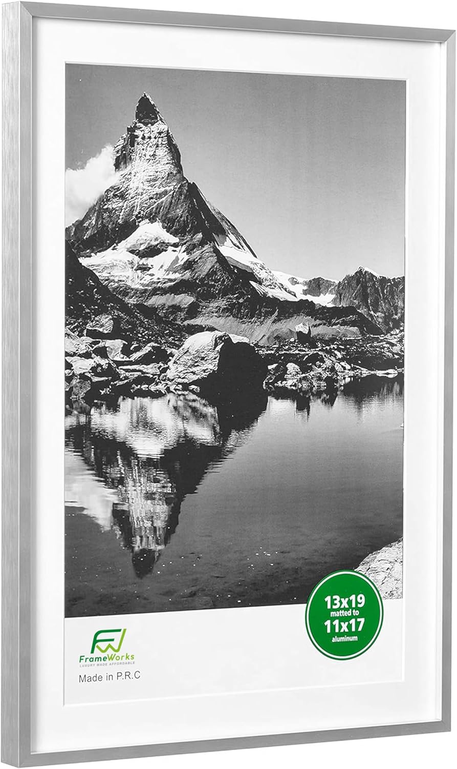 FrameWorks 13x19 Matted to 11x17 Picture Frame – Aluminum Frame w/Tempered Glass, Removable Mat for Photos, Poster, Art, Stylish Wall Frame for Home Decor, Gallery Walls, Office, Living Room - Silver