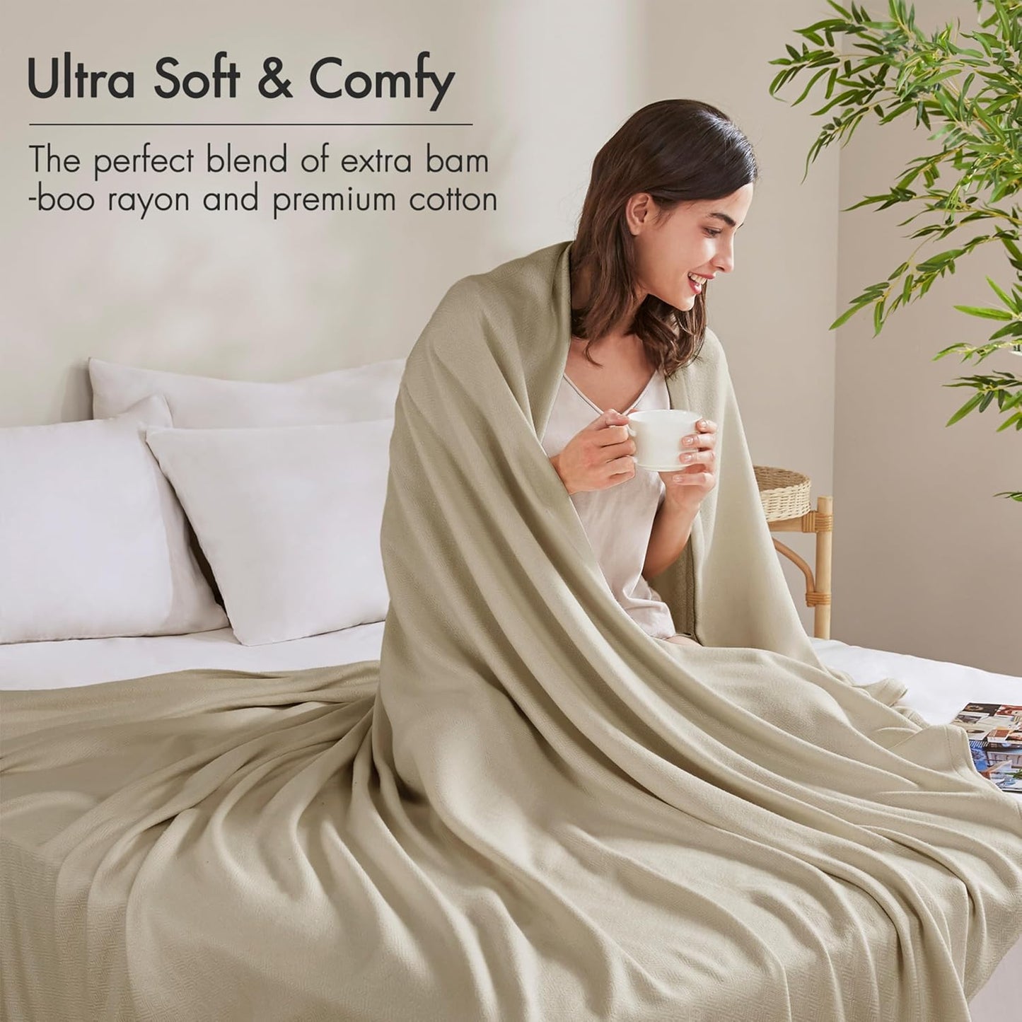 Madison Park King Size Blanket, 70% Rayon Bamboo-Based, 30% Cotton, Breathable for Hot Sleepers Menopause, Ultra Soft and Snag-Resistant, Summer Blanket for Bed or Couch, King 108"x90", Khaki