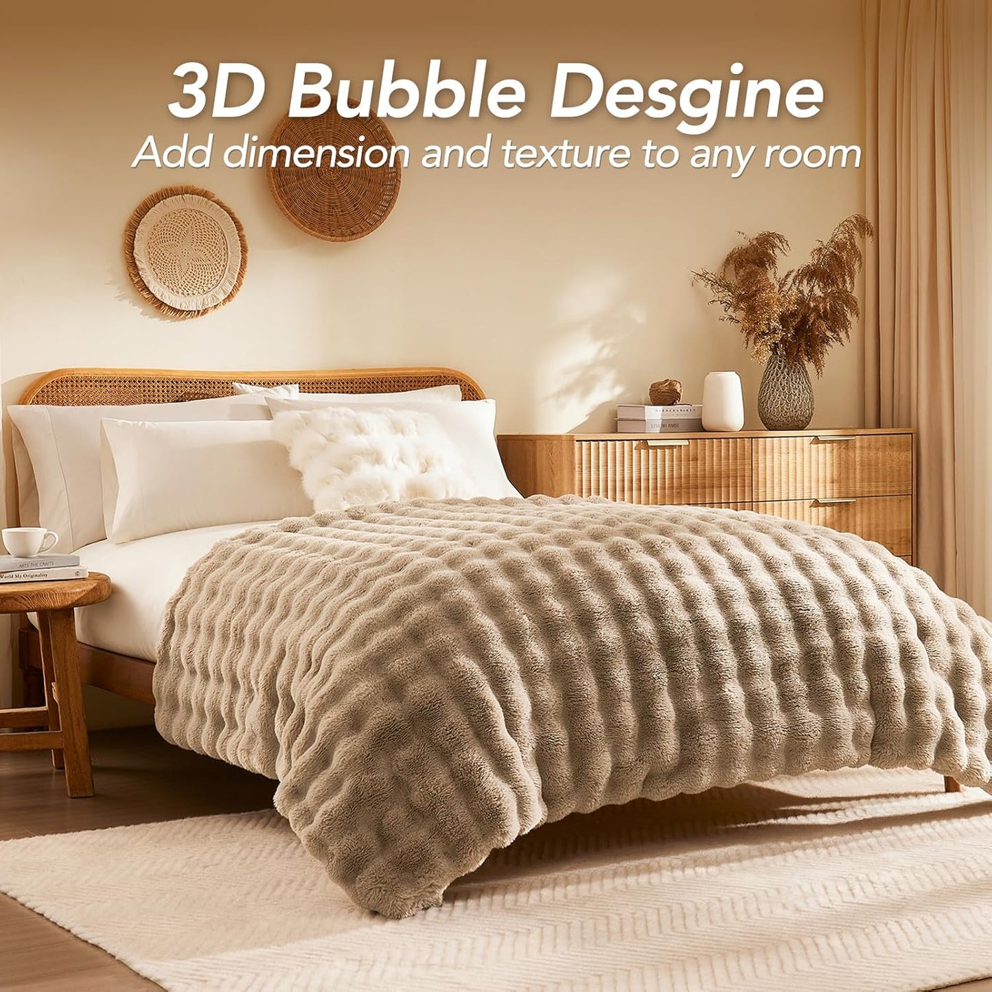 L'AGRATY Faux Fur Throw Blanket: 50" x 60" Luxury Soft Fluffy Rabbit Fur Blankets Twin for Couch Bed Sofa - Cozy Plush Bubble Blankets for Winter: Flannel Fleece Decorative Blanket(Light Linen)