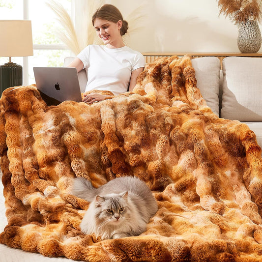 L'AGRATY Faux Fur Throw Blanket: 90" x 90" Luxury Soft Fluffy Thick Rabbit Fur Blankets for Queen Bed Couch - Cozy Plush Bubble Blankets for Home Decor: Warm Flannel Fleece Decorative Blanket