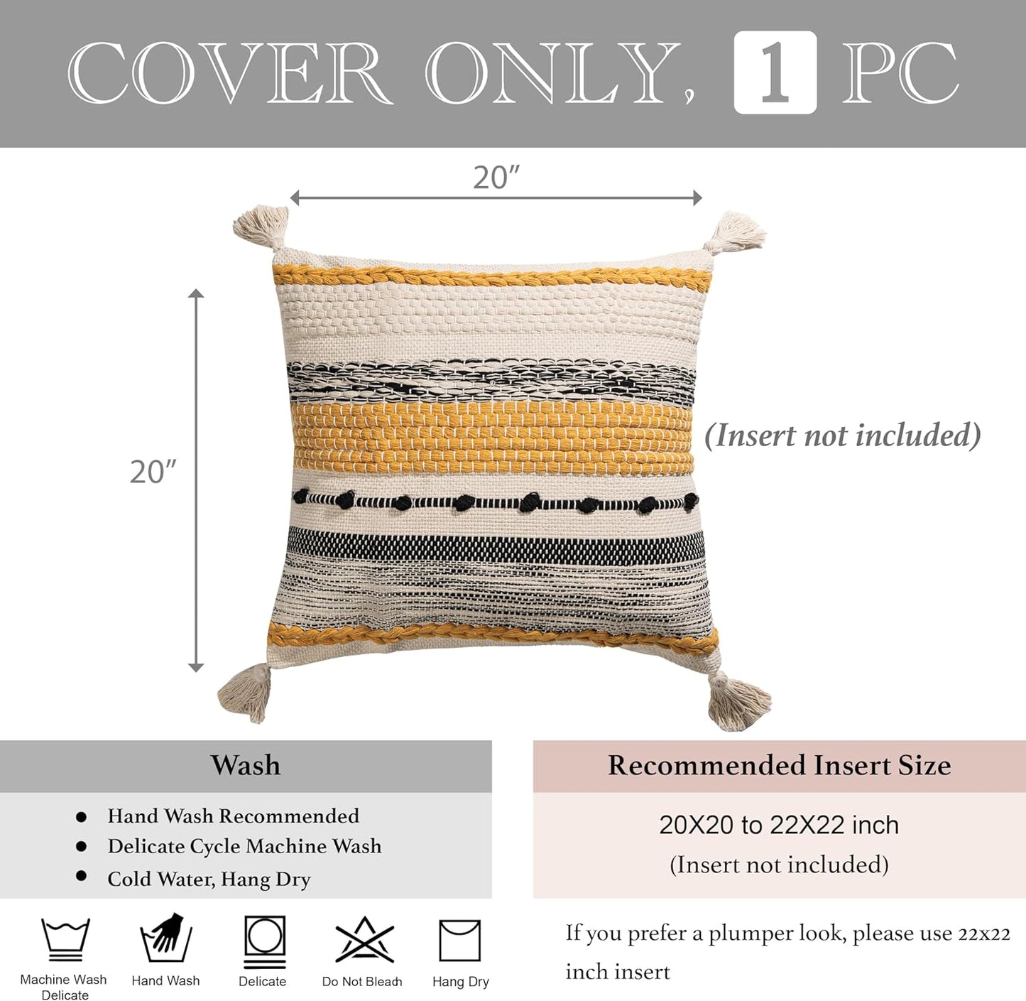 BlissBlush Fall Yellow Mustard Decorative Throw Pillow Cover 20x20 Square Boho Accent Pillowcase Tassels Farmhouse Cushion for Couch Sofa Bedroom Living Room Home Décor Cover ONLY