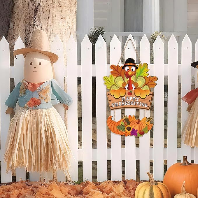 ﻿Ausril Fall Door Decor Turkey,Happy Thanksgiving Day Sign,Pumpkin Turkey Sign for Front Door,Welcome Autumn Wall Hanging,Harvest Thanksgiving Day Wreath for Home Farmhouse Porch Yard Party Outdoor