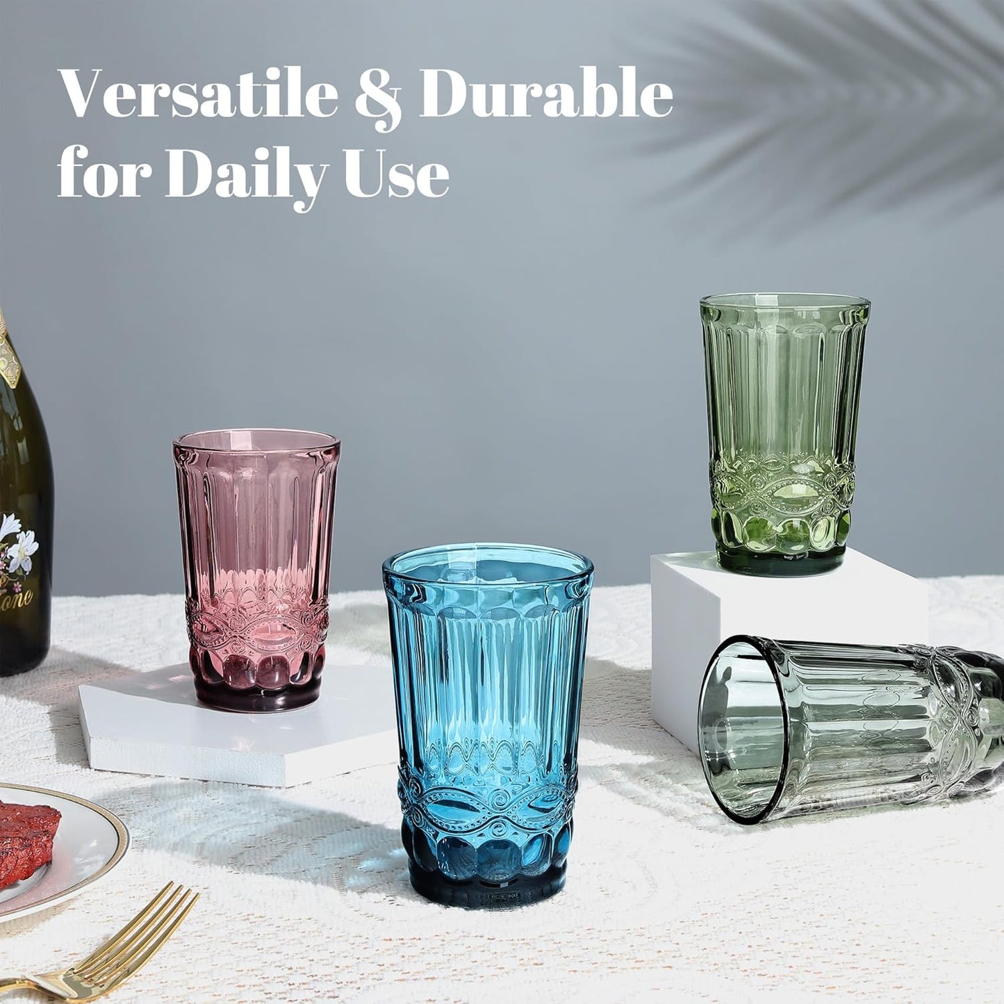 Joeyan Vintage Drinking Glasses Set of 4, 14oz Highball Glass Water Tumbler with Embossed Serpentine Pattern, Colored Tall Glassware Beverages Cups for Christmas Wedding Party Banquet, Multicolor